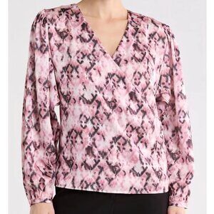 Boss Orange Bivie Surplice Neck Printed Hammered Satin Blouse Top Pink Womens XL